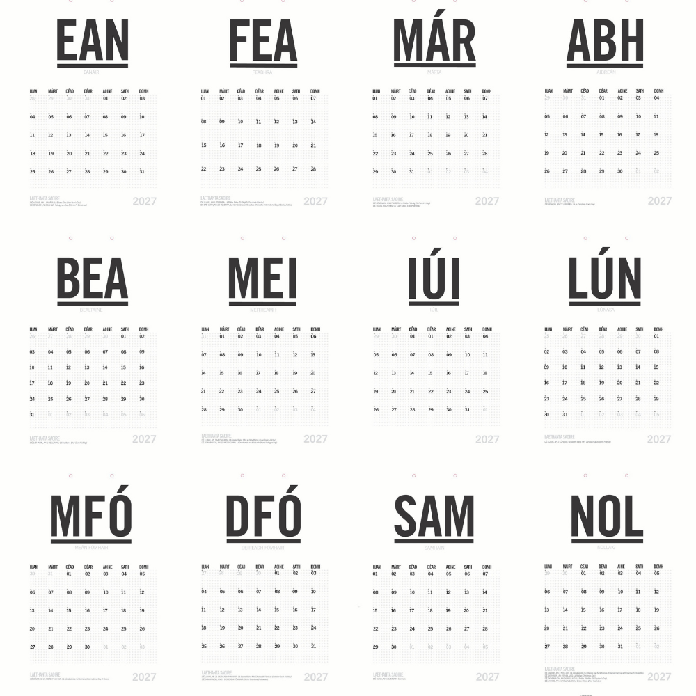 2027 Féilire as Gaeilge | Irish Monthly Wall Calendar