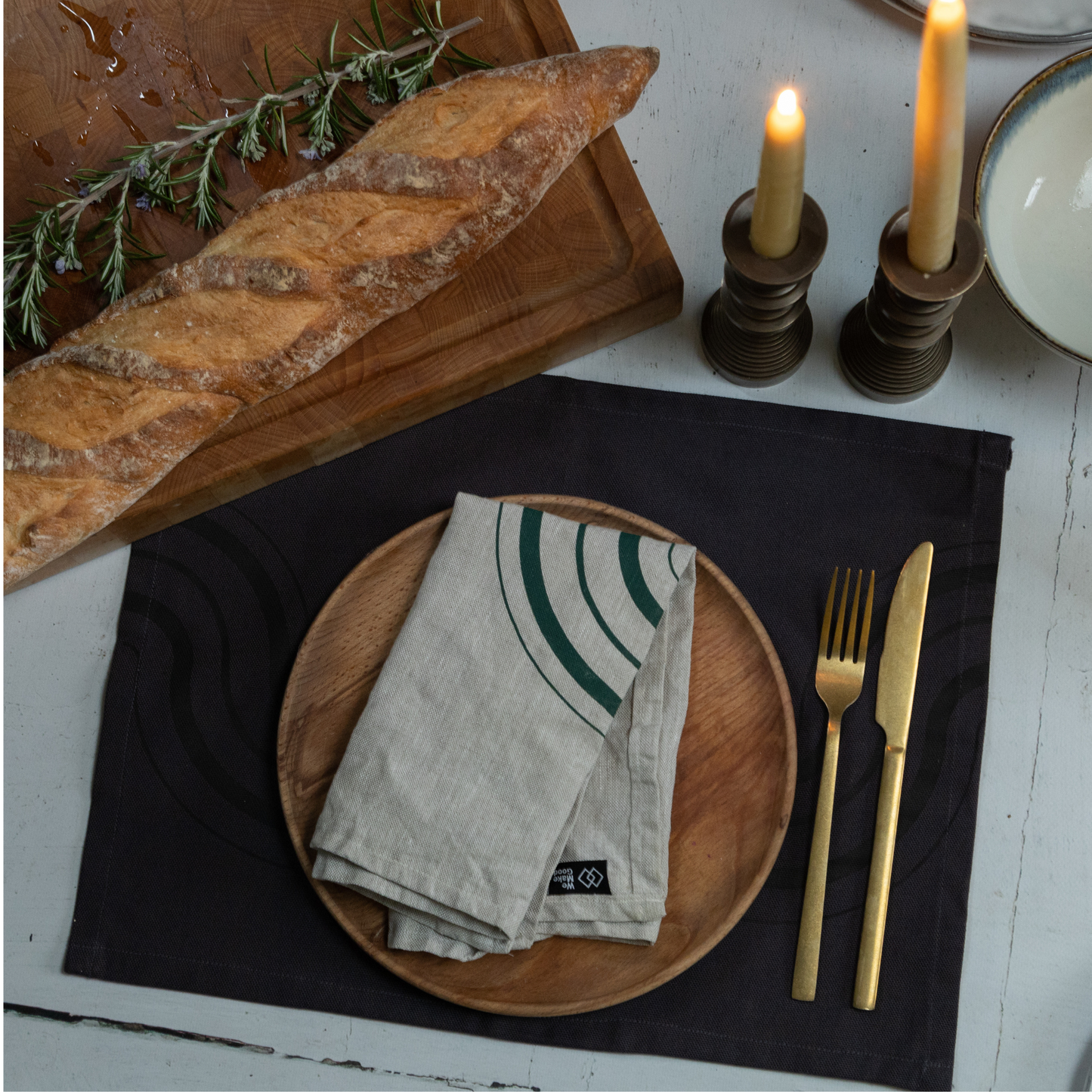 Oatmeal & Forest Green Handprinted Linen Napkin
