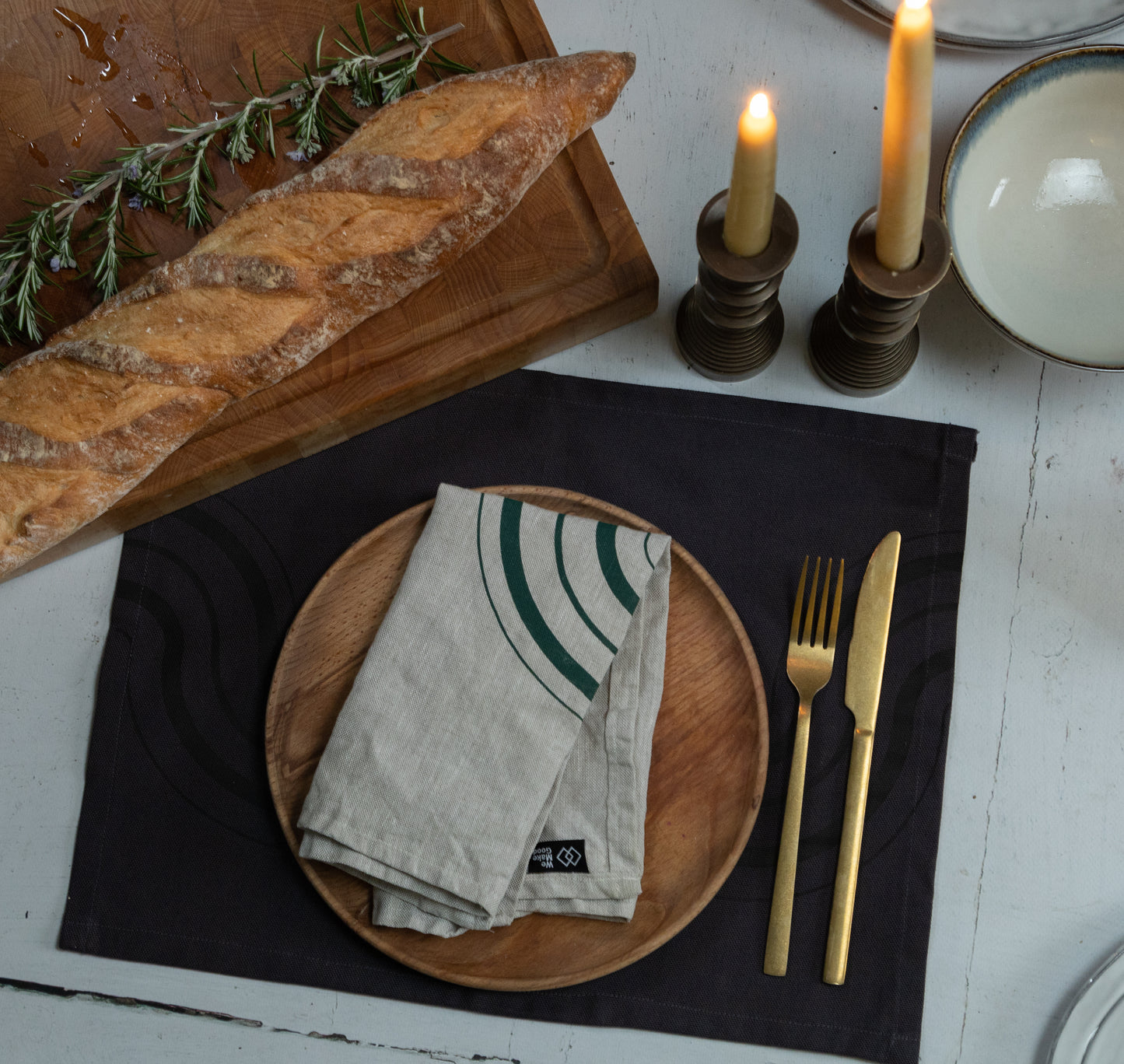 Oatmeal & Forest Green Handprinted Linen Napkin